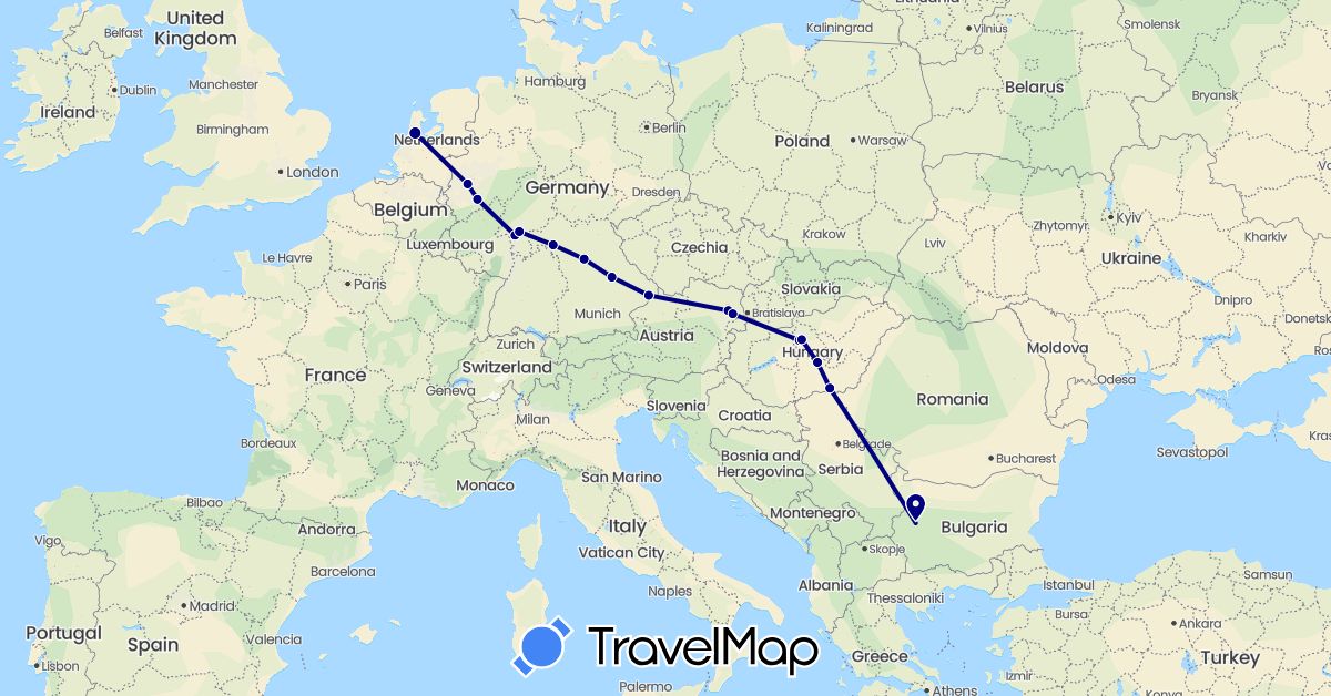 TravelMap itinerary: driving in Austria, Bulgaria, Germany, Hungary, Netherlands (Europe)