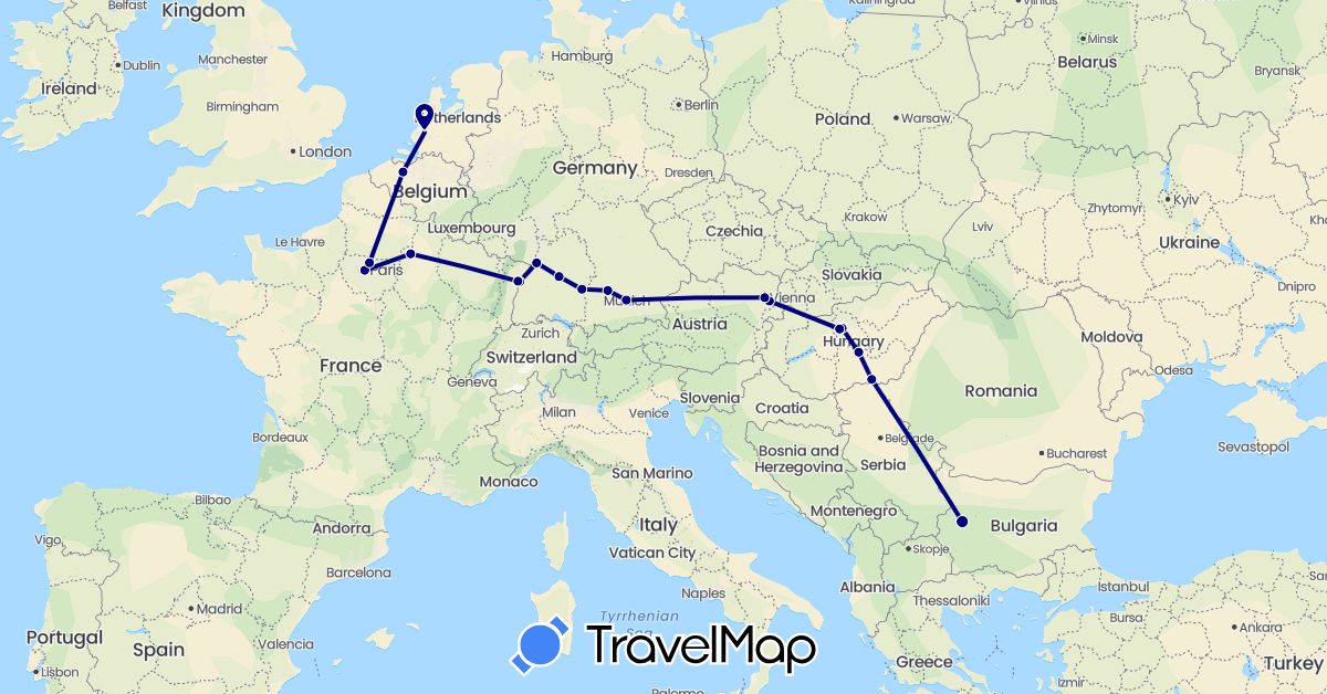 TravelMap itinerary: driving in Austria, Belgium, Bulgaria, Germany, France, Hungary, Netherlands (Europe)